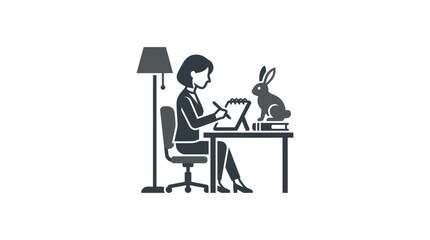 Woman sitting with rabbit at desk. © ani