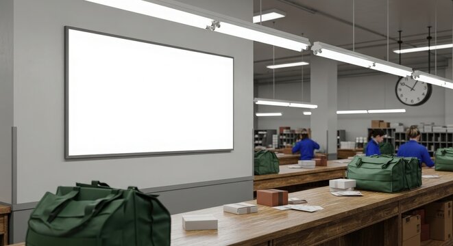 Interior of a busy mail sorting facility with uniformed workers, wooden tables, green bags, and a large blank screen.