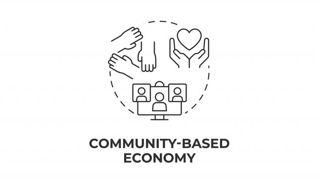 Community based economy line concept icon animation. Social wealth building. Local market infrastructure. Animated outline round motion graphic. Minimal HD video with alpha channel