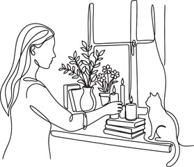 woman holding candle with cat and plants on windowsill © Sumon90cs