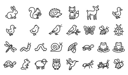 Cute Woodland and Farm Animal Outline Icons Set Vector Illustration Collection © Rimu