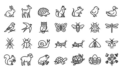 Cute Animal and Insect Outline Icons Set with Woodland Wildlife Vector Illustration Collection © Rimu
