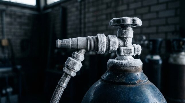 Frozen gas cylinder valve with frost and ice crystals in a workshop.