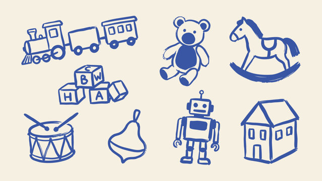 Hand drawn blue ink children toys vector set featuring train teddy bear rocking horse blocks drum robot and house icons