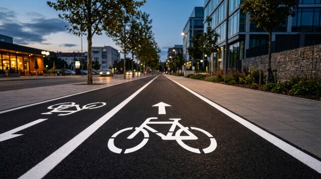 Urban bicycle lane with painted white symbols at twilight in modern city district.