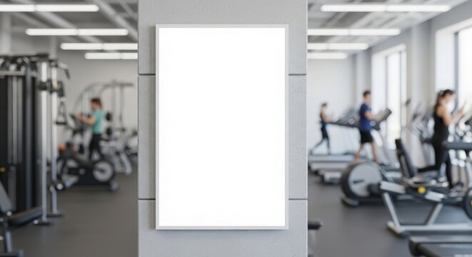 Blank white vertical poster frame on a pillar in a modern, blurred gym with people exercising on machines.