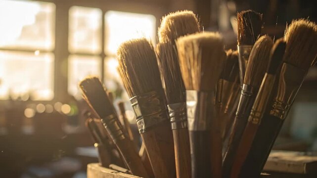 Collection of Paintbrushes in Warm Sunlight with Artistic Ambiance.