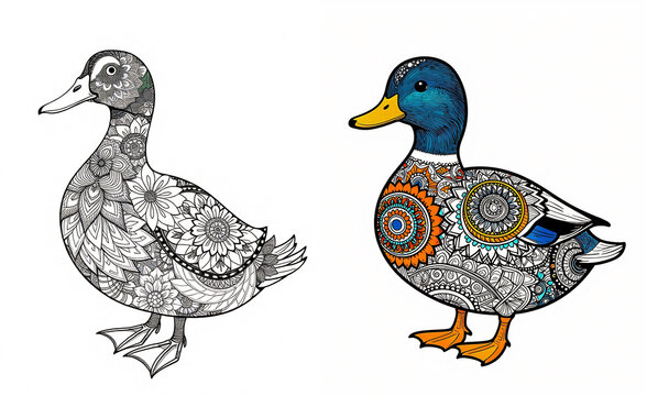 Zentangle coloring page of a mallard duck with a color template. Illustration.