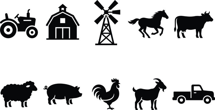 Farm silhouette vector icon set bundle featuring black graphic shapes for tractor barn windmill horse cow sheep pig rooster goat and pickup truck
