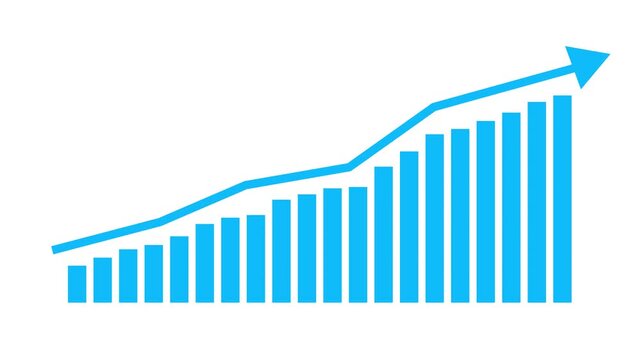 Animated financial blue growth chart with trend line graph. Growth bar chart of economy. Vector illustration isolated on white background.