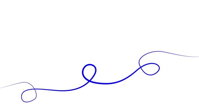 Animated blue tape appear and disappear. Decorative line with loops. Looped video. Linear vector illustration isolated on white background.