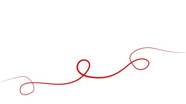Animated red tape appear and disappear. Decorative line with loops. Looped video. Linear vector illustration isolated on white background.