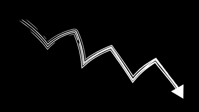 Animated white arrow. Recession chart of economy. Economic crisis, recession, decrease graph. Profit down. Hand drawn vector illustration isolated on black background.