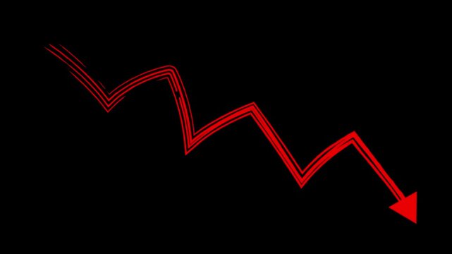 Animated red arrow. Recession chart of economy. Economic crisis, recession, decrease graph. Profit down. Hand drawn vector illustration isolated on black background.