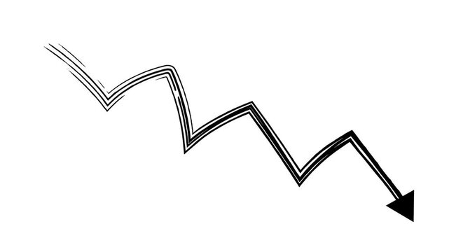 Animated black arrow. Recession chart of economy. Economic crisis, recession, decrease graph. Profit down. Hand drawn vector illustration isolated on white background.