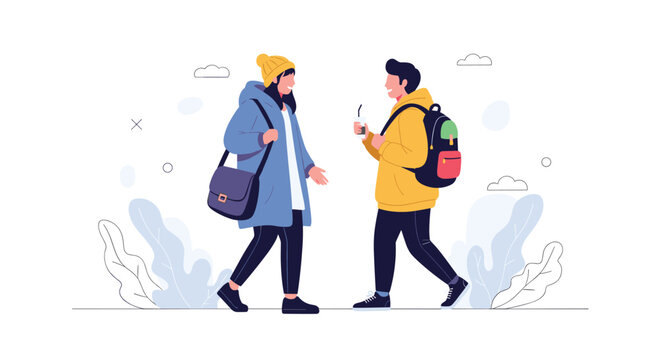 Happy young couple in warm winter jackets walking and talking together on a chilly day with backpacks.