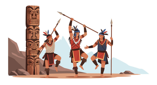 Native American tribal warriors performing a ritual dance with spears near traditional wooden totem pole.