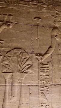 Detailed reliefs of ancient Egyptian deities and hieroglyphs carved on the walls of the Philae Temple. Egypt.