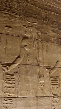 Detailed reliefs of ancient Egyptian deities and hieroglyphs carved on the walls of the Philae Temple. Egypt.