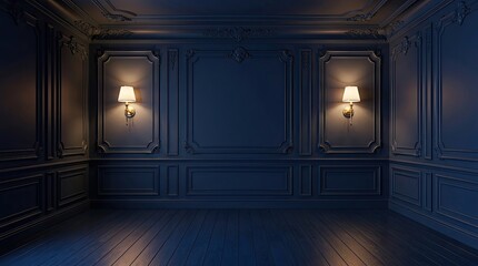 Empty dark room with classic wall molding and warm wall sconce lighting for luxury interior design © Halima
