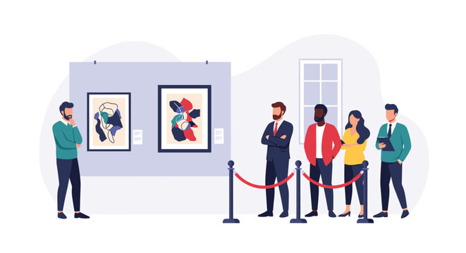 Group of diverse art visitors waiting in a long queue behind a red rope barrier at a modern gallery exhibition.