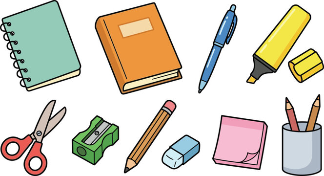 School and office stationery vector illustration icon set featuring spiral notebook book pen yellow highlighter scissors pencil sharpener eraser sticky notes and pencil holder
