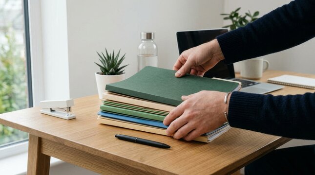 Person organizing a stack of colorful notebooks on a wooden desk.