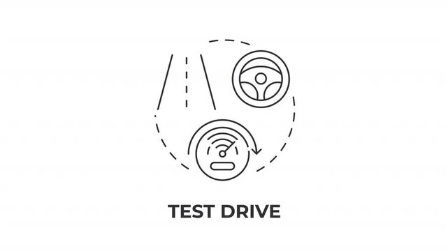 Test drive line concept icon animation. Car trial run. Vehicle assessment and automotive technology. Road navigation. Animated outline round motion graphic. Minimal HD video with alpha channel