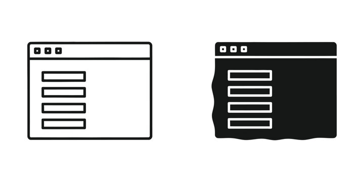 Web browser window interface set featuring minimalist outline and solid black internet
