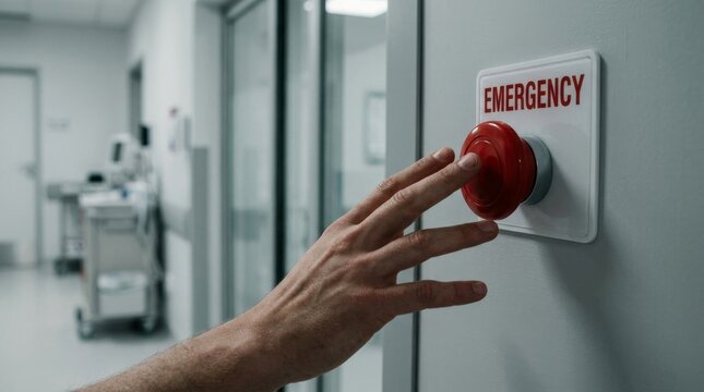 Hand pressing a red emergency button in a modern hospital setting.