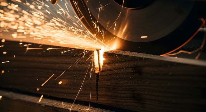 Close-up of a metal cutting saw creating a shower of sparks.