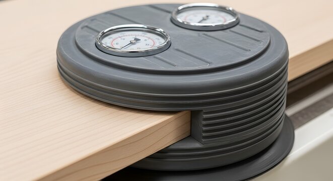 Close-up of a woodworking jig with pressure gauges on a workbench.