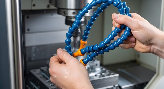 Close-up of a worker adjusting a flexible coolant hose on a CNC milling machine.