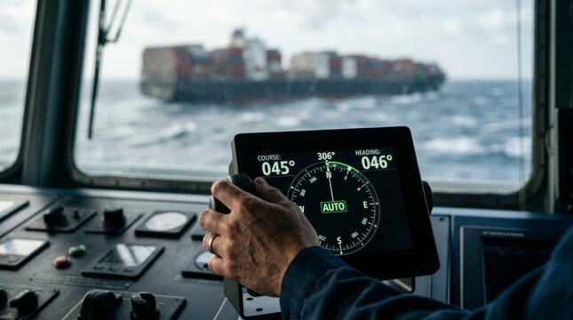 Ship bridge navigation with officer hand on controls and container vessel visible through window.
