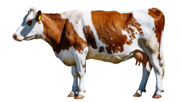 Brown and white spotted dairy cow with udder
