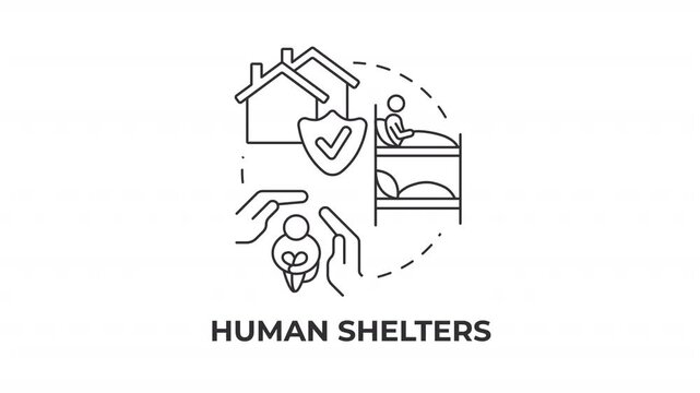 Human shelters line concept icon animation. Temporary housing crisis solutions. Social welfare support. Public safety. Animated outline round motion graphic. Minimal HD video with alpha channel