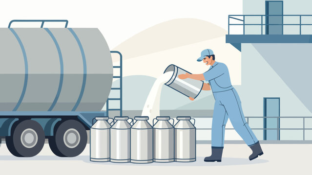 Dairy farmer loading milk into transport tanker truck with transport agriculture delivery logistics shipping industry production container business distribution industrial professional