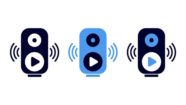 Modern speaker icons showing play, pause, and volume controls with sound waves Vector