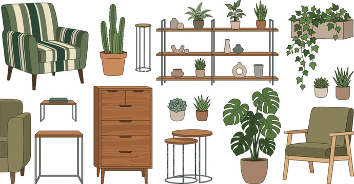 Modern living room furniture set with armchairs wooden dresser shelves and various indoor potted house plants vector