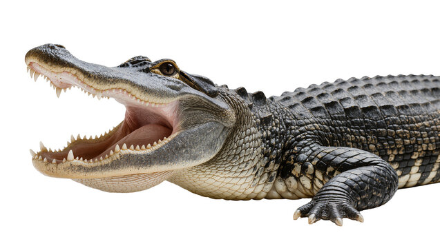 American alligator with mouth open showing sharp teeth and pink tongue