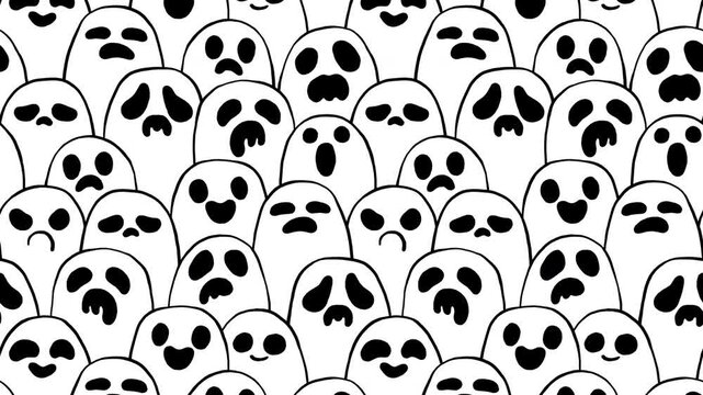 Seamless looping 2D cartoon animation pattern with a hand-drawn crowd of ghosts with various expressions. Perfect for festive promotions, social media, event invitations, or as a dynamic background.