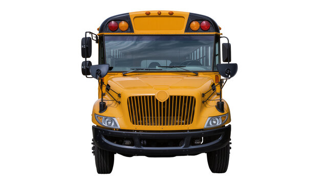 Yellow school bus front view with black bumper and grille
