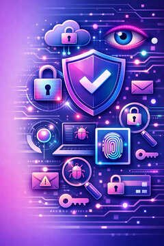 Neon Cybersecurity Interface with Digital Protection and Privacy Icons