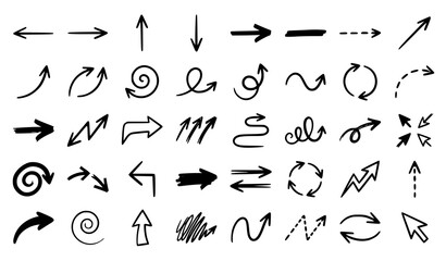 Hand Drawn Arrow Collection Featuring Directional, Curved, Circular, Sketch, Doodle, Navigation, and Pointer Vector Icons for Design Projects © Rimu