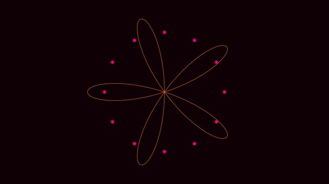 Abstract geometric flower animation with rotating petals and pulsing dots on dark 4k background, motion petals