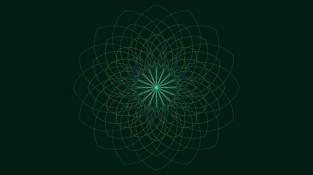 Abstract geometric mandala animation with rotating green floral patterns on dark 4k background