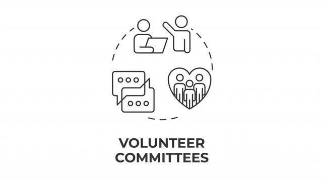 Volunteer committees line concept icon animation. Empowering community service. Shared social responsibility. Animated outline round motion graphic. Minimal HD video with alpha channel
