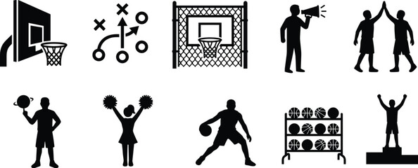 Basketball game and sports tournament black silhouette icons collection featuring players game strategy backboard hoop cheerleader megaphone coach ball rack and podium  © MstMonjila
