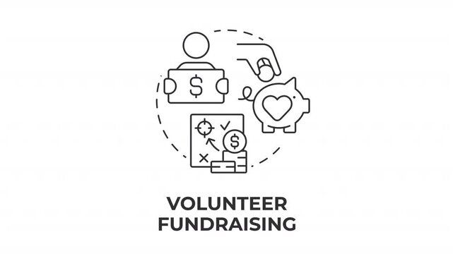 Volunteer fundraising line concept icon animation. Charity campaign strategies. Modern nonprofit funding frameworks. Animated outline round motion graphic. Minimal HD video with alpha channel