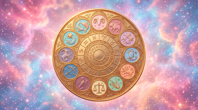 Zodiac wheel in gold and pastel colors